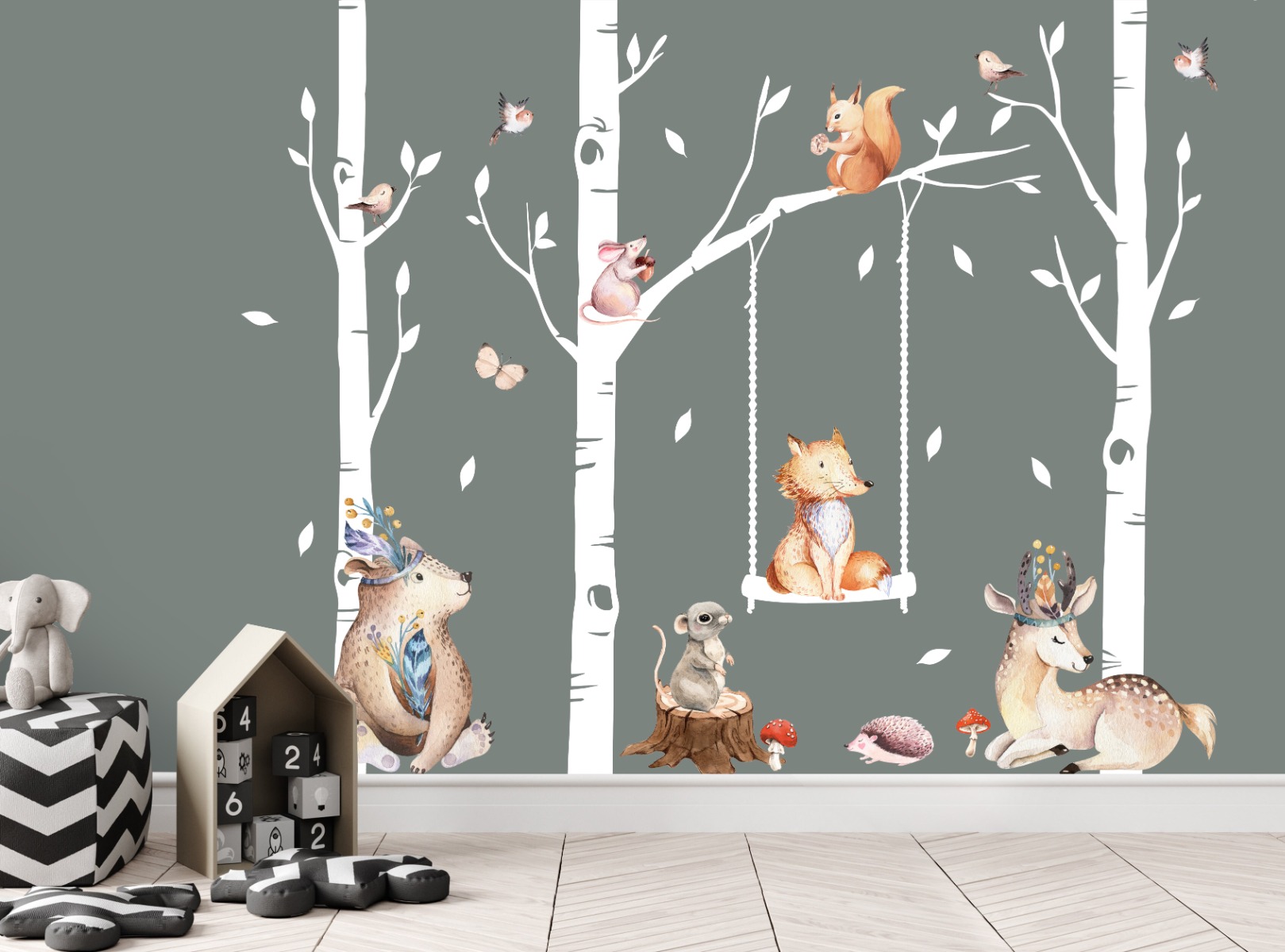 Muursticker - Dieren in boom en schommel / Wit