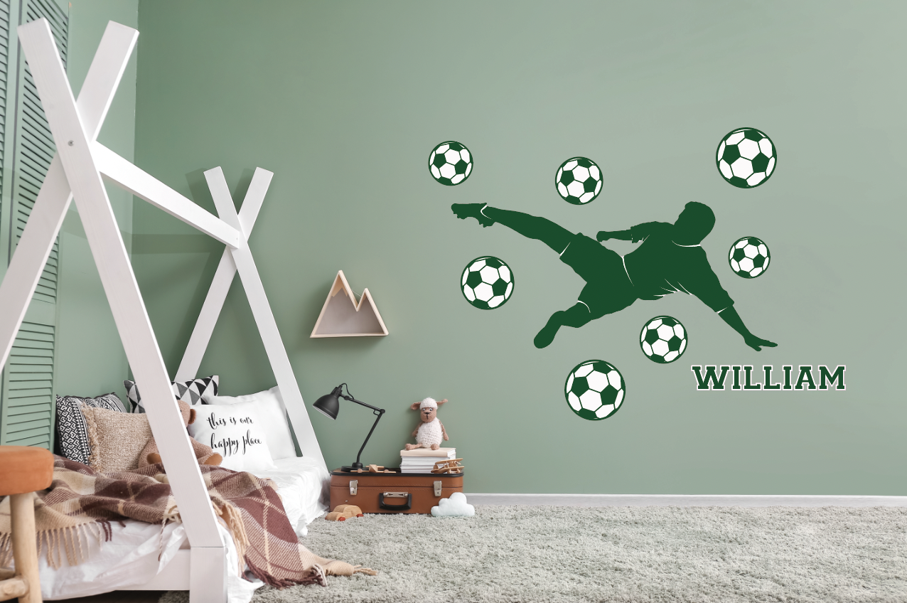 Muursticker - Voetbalspeler en voetbal / Gepersonaliseerd / Wit