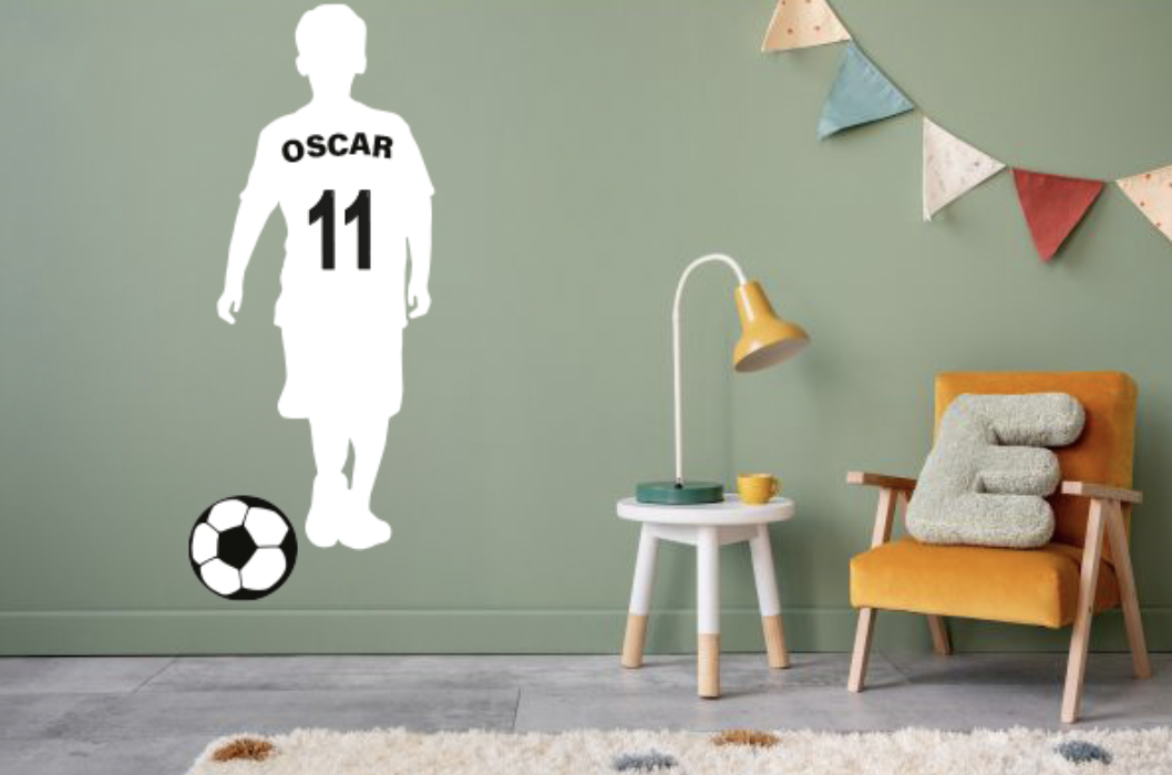 Muursticker - Voetballer / Gepersonaliseerd / Naam en nummer / Wit