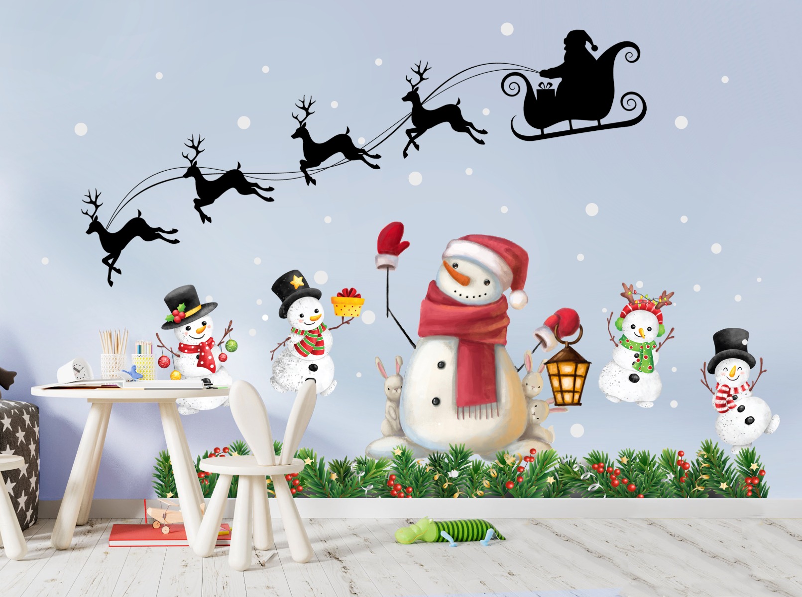 Muursticker - Kerstmis / Slee en sneeuwpop