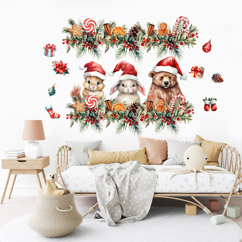 Muursticker - Kerstmis / Harige dieren en decoraties