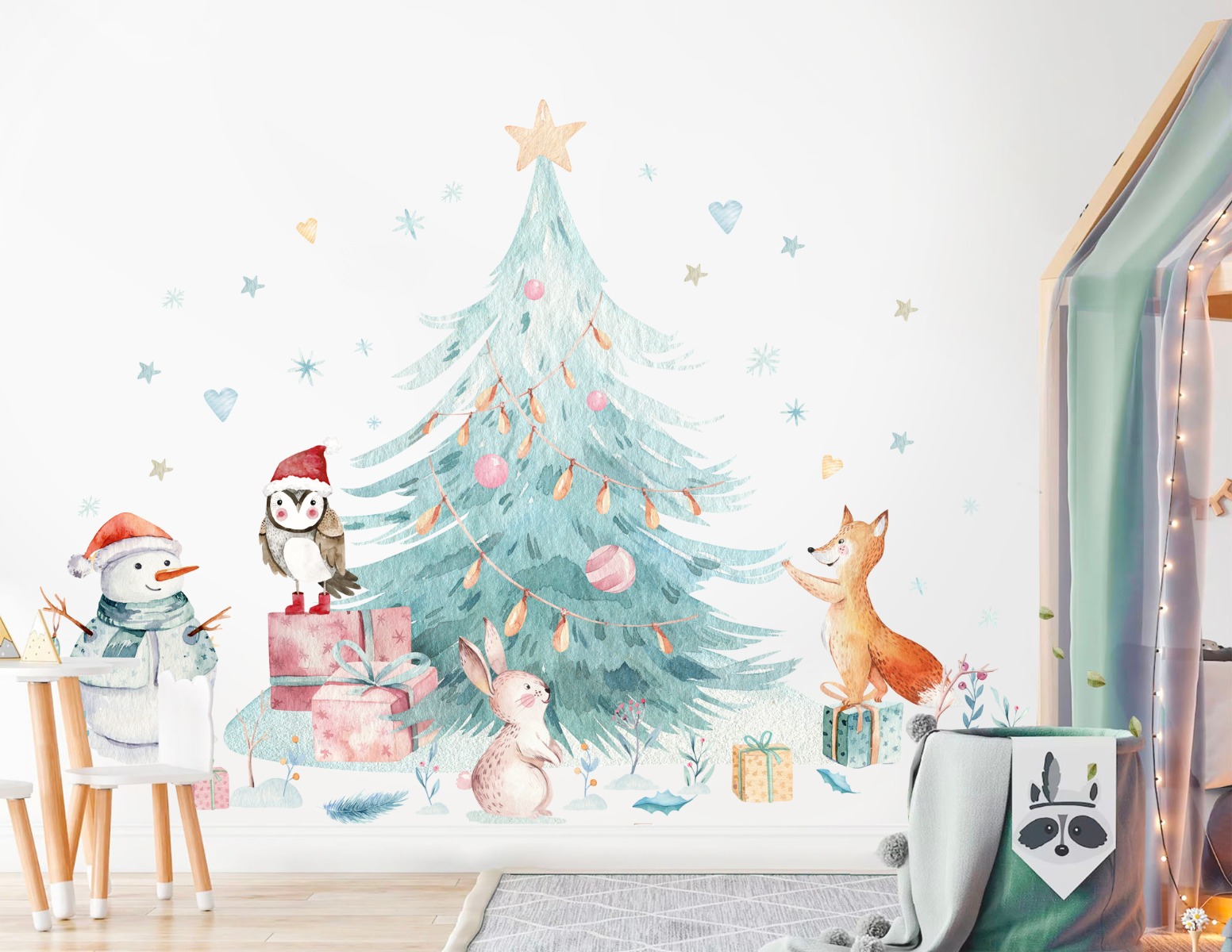 Muursticker - Kerstmis / Boom, Sneeuwpop en Dieren