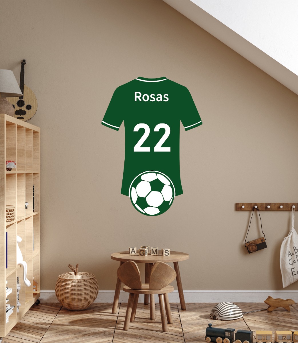 Muursticker - Voetballer T-shirt / Gepersonaliseerde Naam en Nummer / Witte Contour