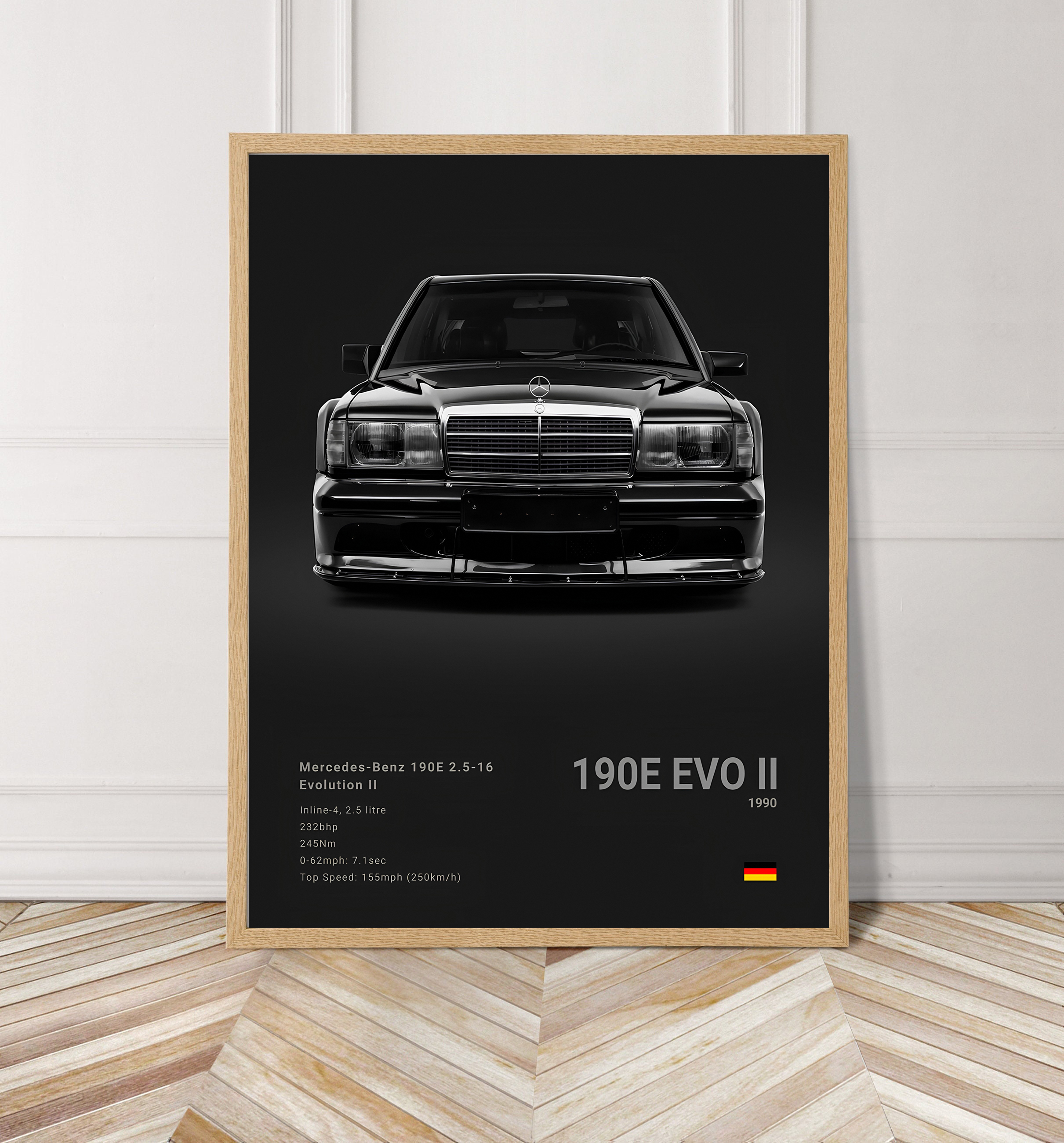 Affiche - Luxe zwart-witte sportwagen / 190E EVO / Zwart