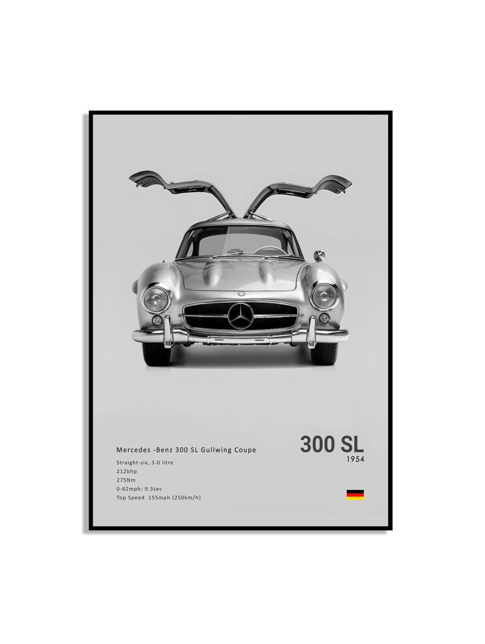 Affiche - Luxe zwart-witte sportwagen / 300 SL 1954 / Grijs