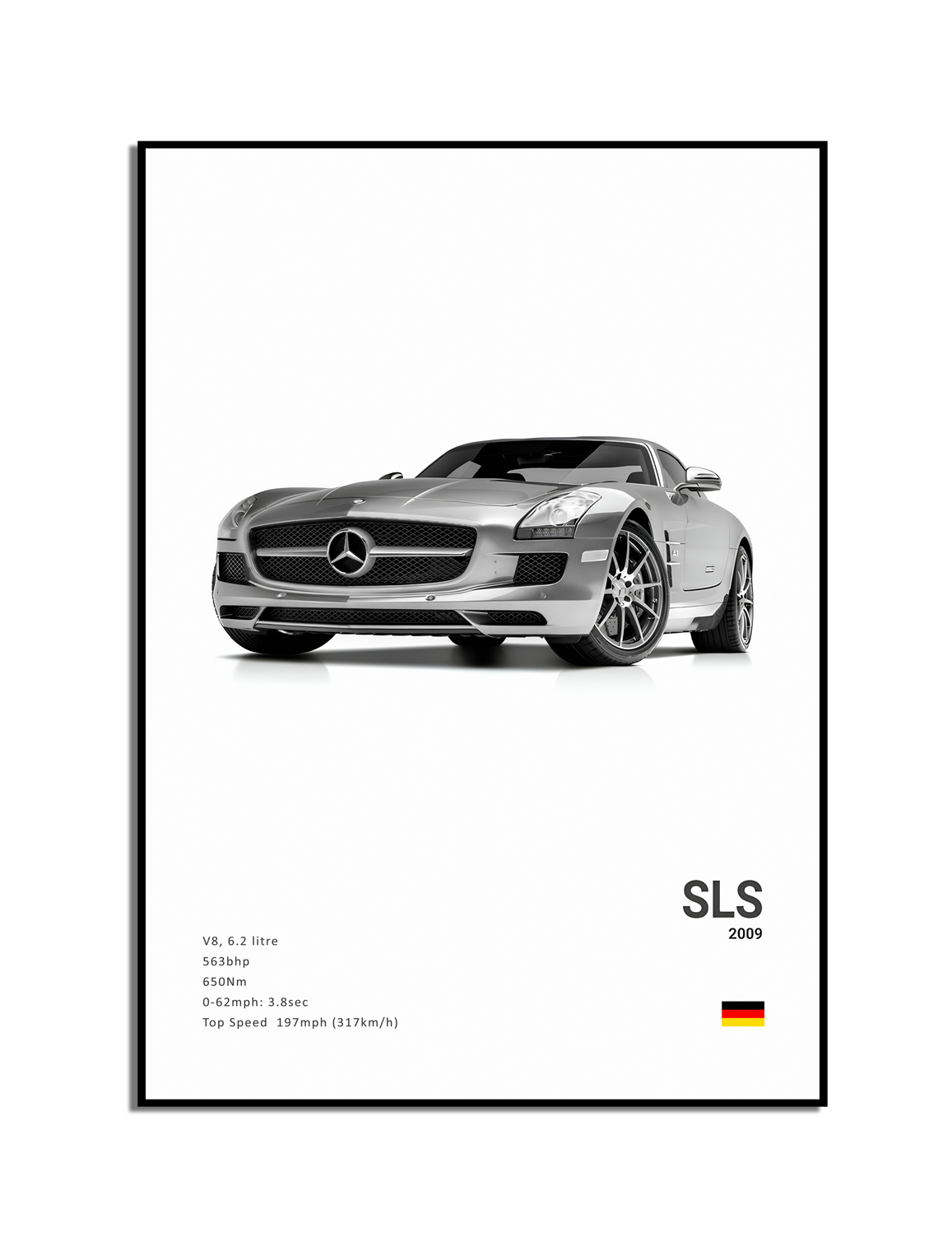 Affiche - Luxe zwart-witte sportwagen / SLS 2009 / Grijs