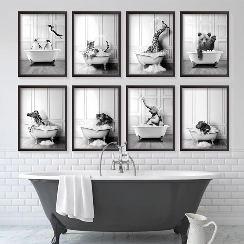 Posters - Scandinavische badkamerdecoratiedieren / Set van 8