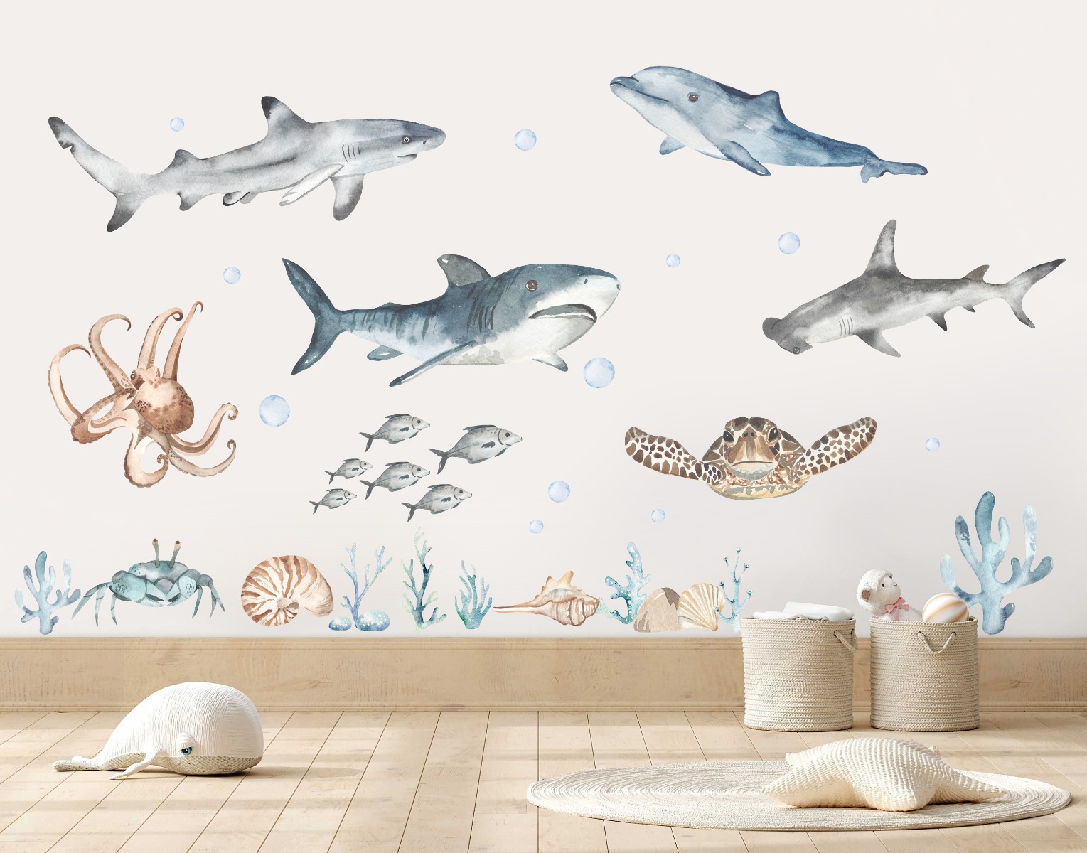 Muursticker - Zeedieren / Schildpad, Octopus, Haai, Dolfijn