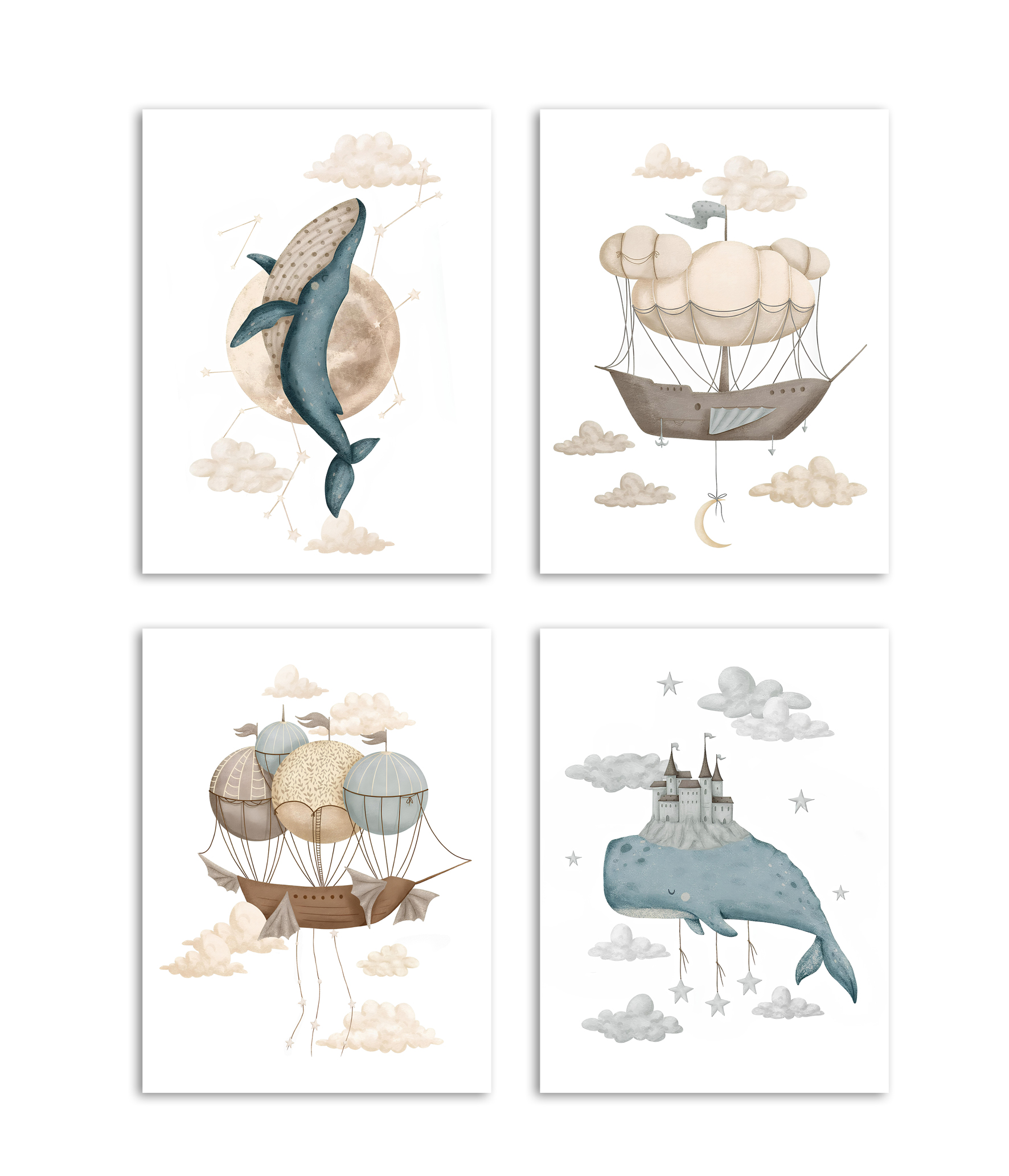 Posters - Grillige Hemel / Walvissen en Ballonnen in de Wolken / Set van 4