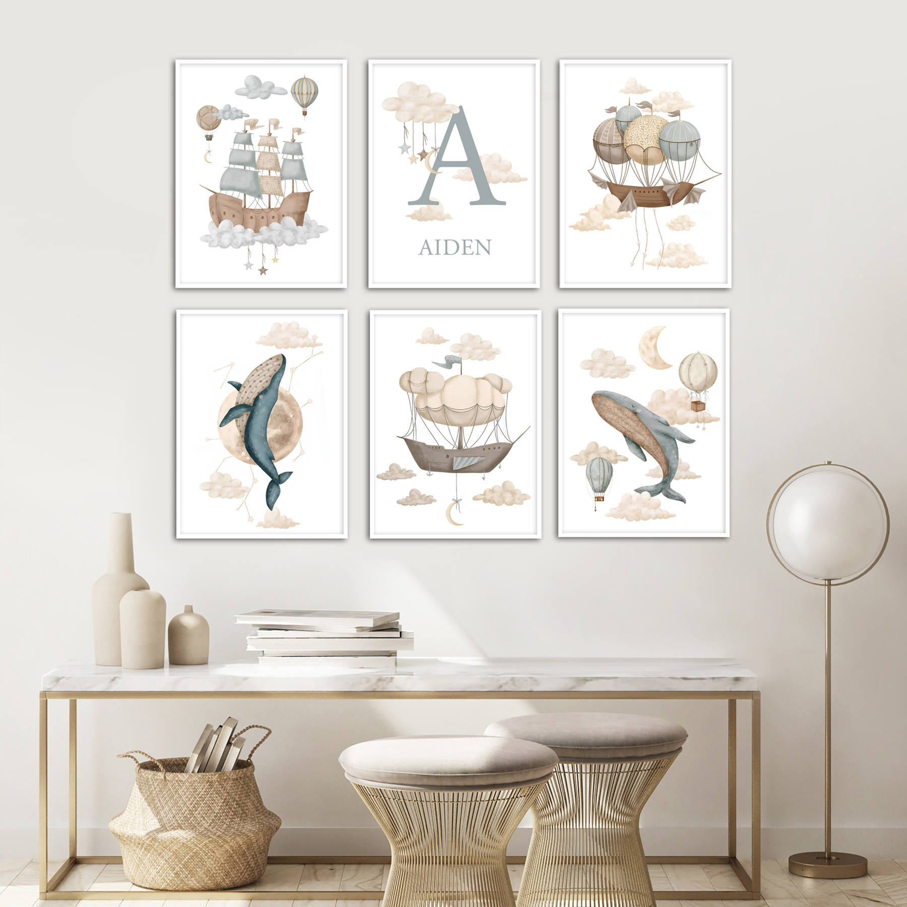 Posters - Grillige lucht / Walvissen en ballonnen in de wolken / Gepersonaliseerd / Set van 6