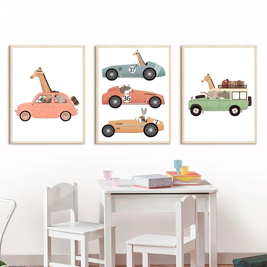 Poster - Dieren in de auto / Set van 3