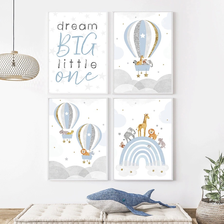 Poster - Regenboog en Heteluchtballonnen / Blauw / Set van 4