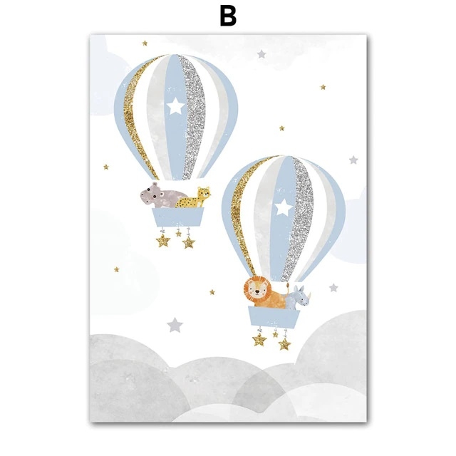 Poster - Dieren in Heteluchtballonnen / Blauw