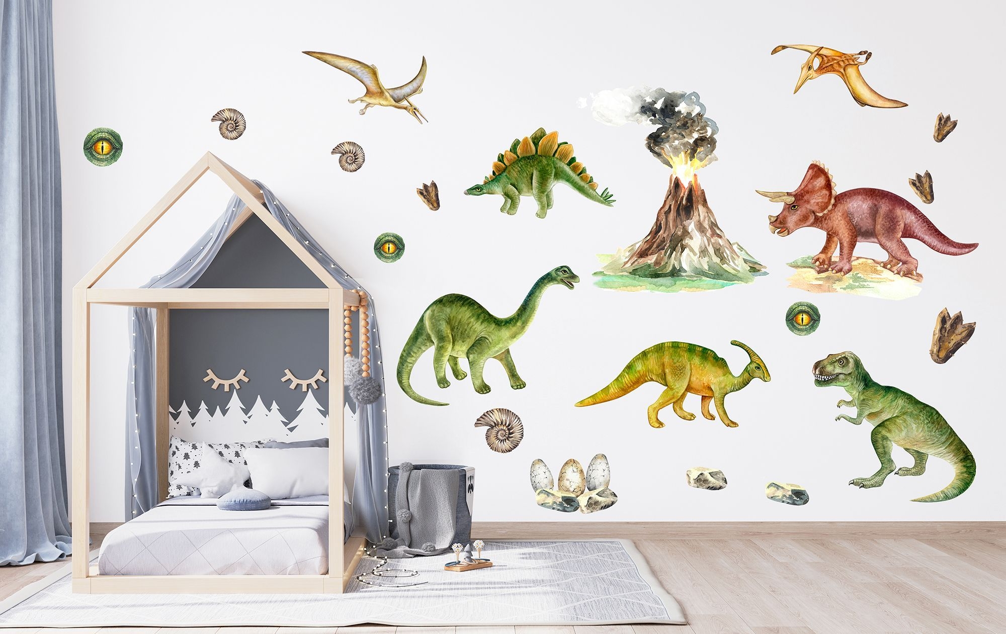 Muursticker - Dinosaurus en Vulkaan