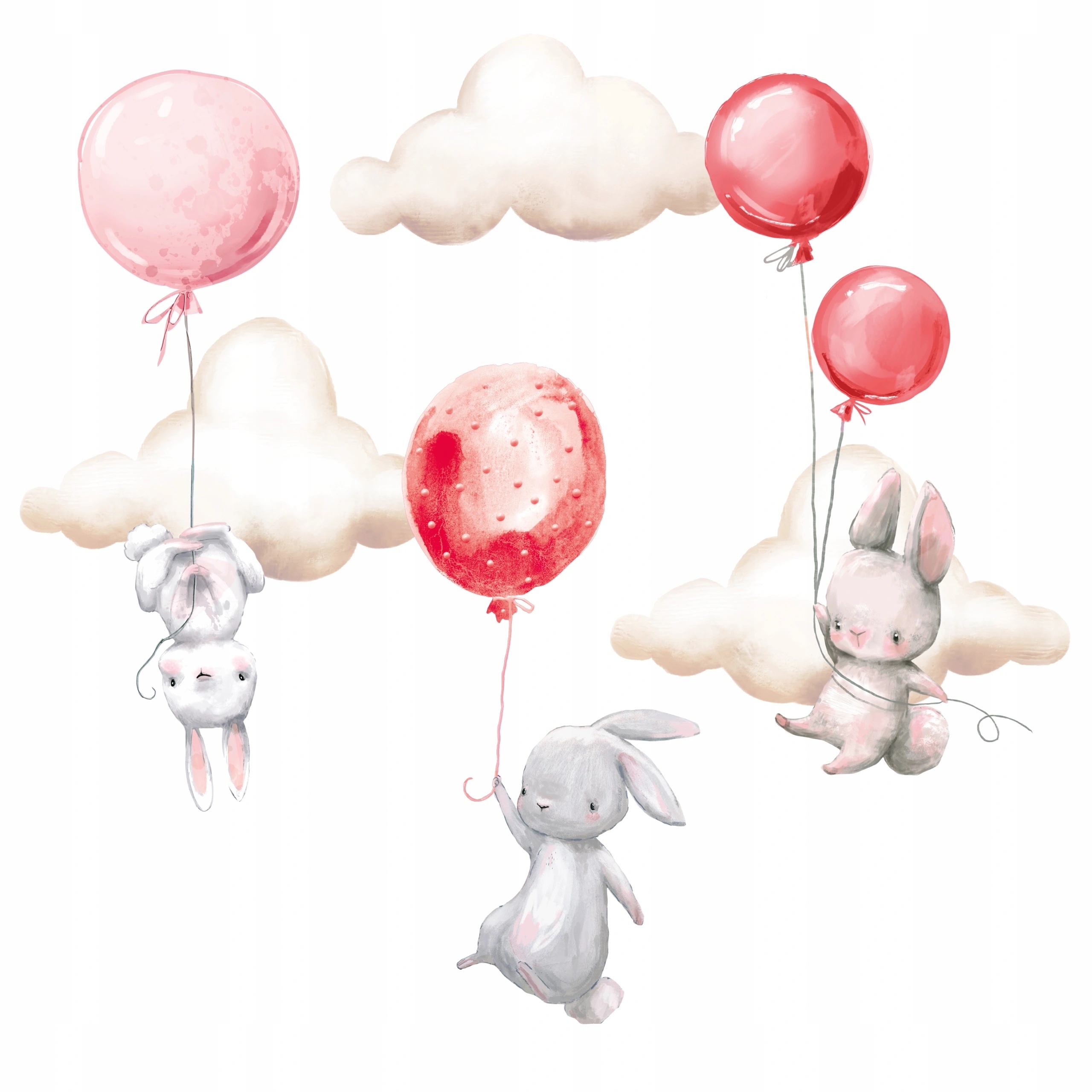 Muursticker - Konijntjes met ballonnen en wolken / Rood