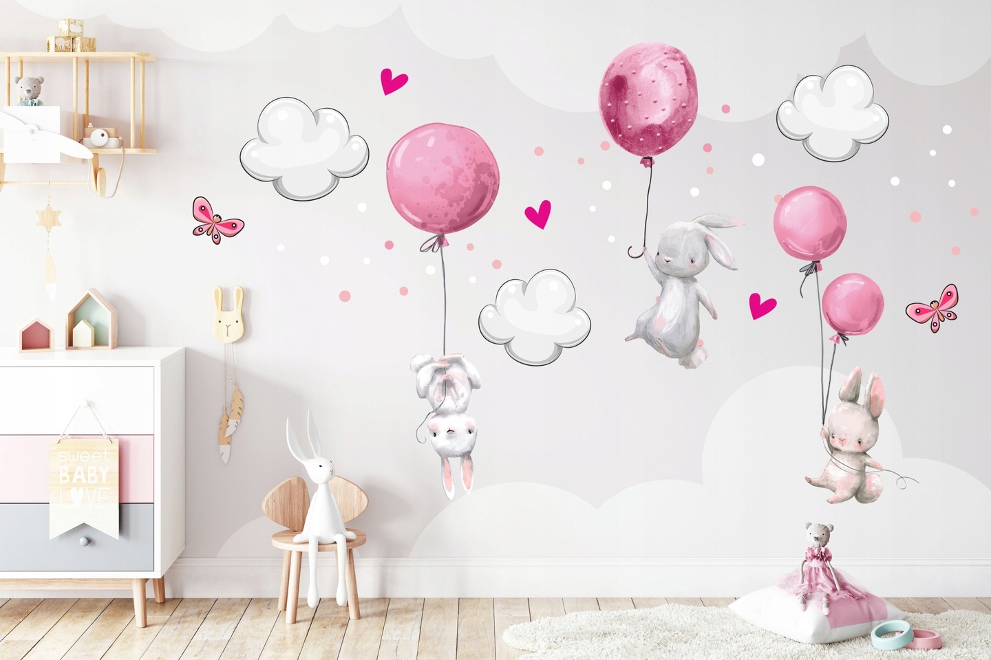 Muursticker - Konijntjes met ballonnen en vlinders / Roze