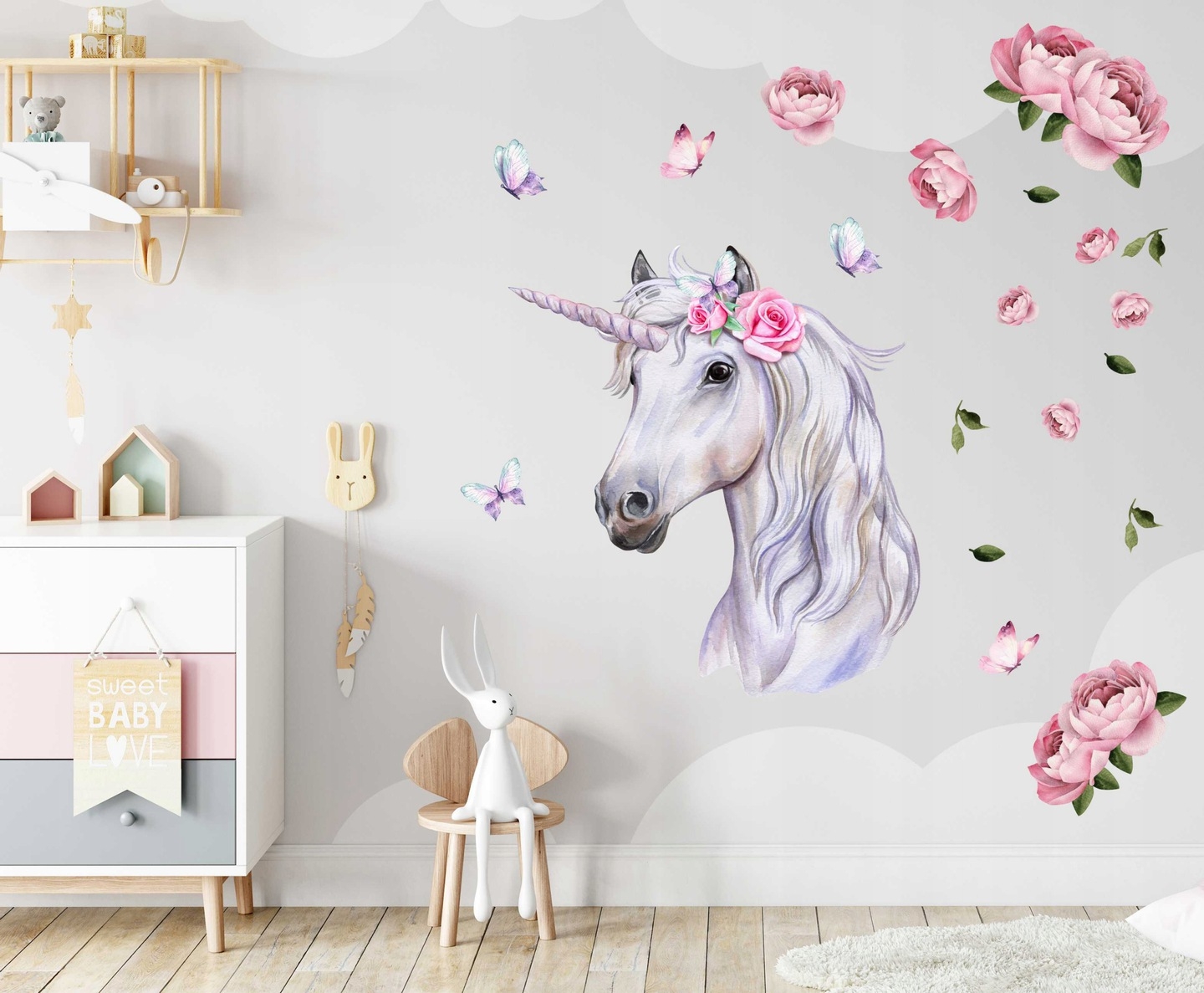 Muursticker - Eenhoorn met bloemen