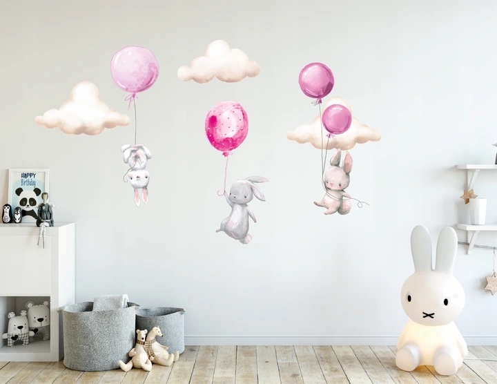 Muursticker - Konijntjes met ballonnen en wolken / Roze