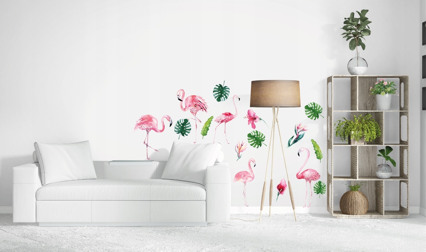 Muursticker - Flamingo's en bloemen