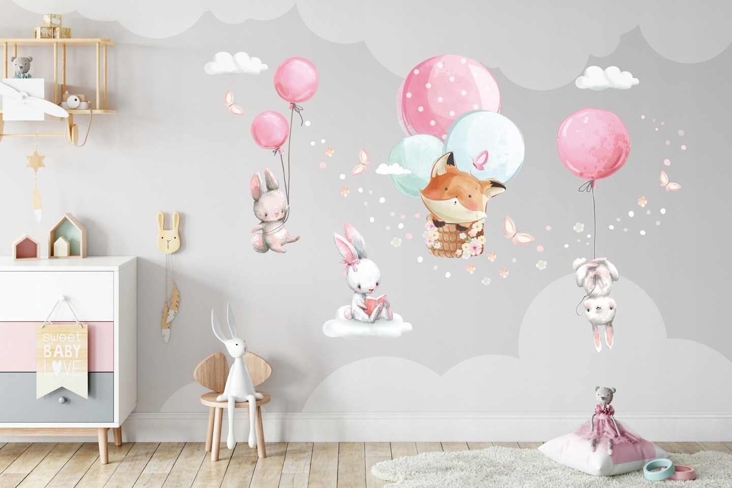 Muursticker - Konijntjes met ballonnen