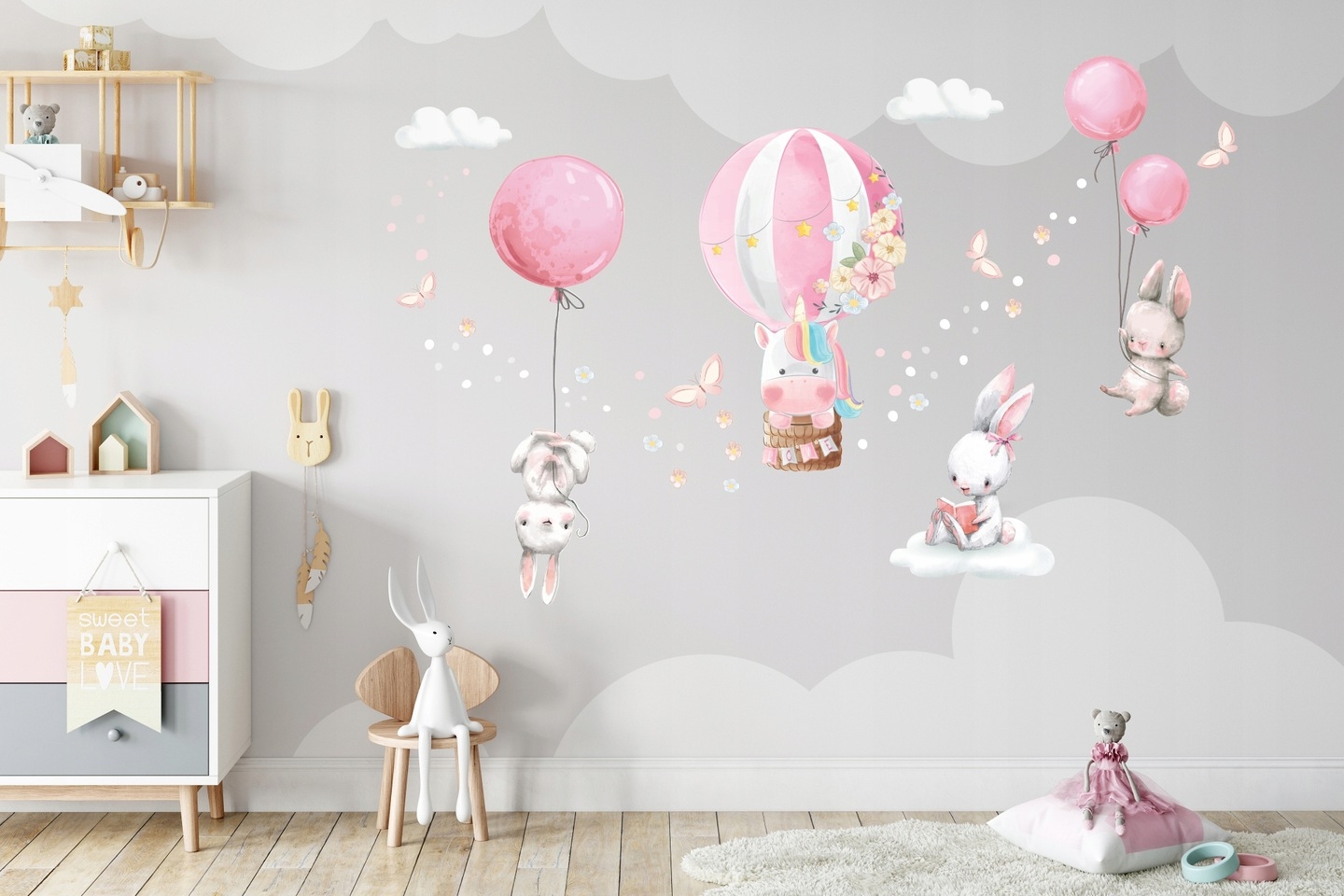 Muursticker - Eenhoorn en konijntjes met ballonnen