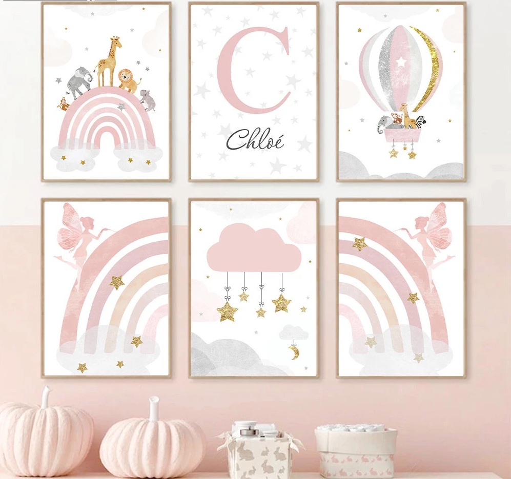 Posters - Feeën in regenboog, Dieren in regenboog en luchtballon / gepersonaliseerd / Set van 6