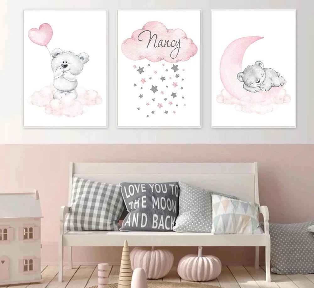 Posters - Beer in de wolk en de maan / Roze / Gepersonaliseerd / Set van 3