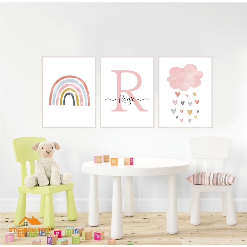 EXQULEG Set van 3 posters voor de kinderkamer, kleine haas, giraf, dieren, foto's, babykamer, decoratie zonder lijst, dierenmotieven, poster voor jongens en meisjes (A, 30 x 40 cm