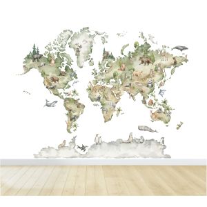 Muursticker - Wereldkaart met dieren