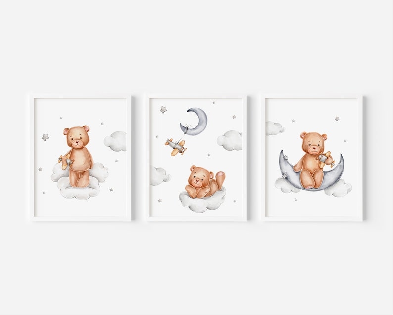 Posters - Teddybeer met vliegtuig / Set van 3