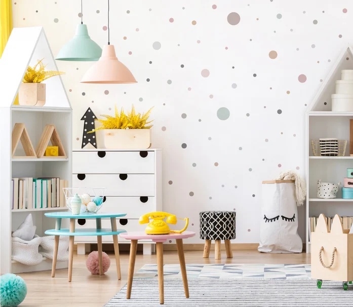 Muursticker - Stippen / Pastelroze en grijs / 100 stuks