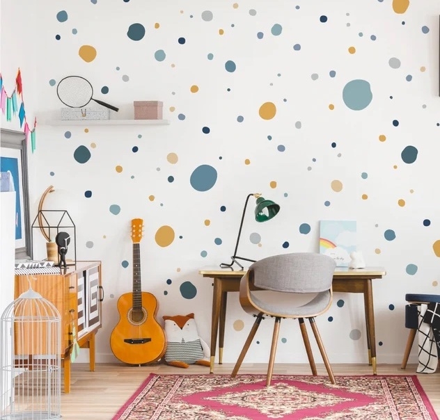 Muursticker - Stippen / Grijs Blauw Geel / 100 stuks