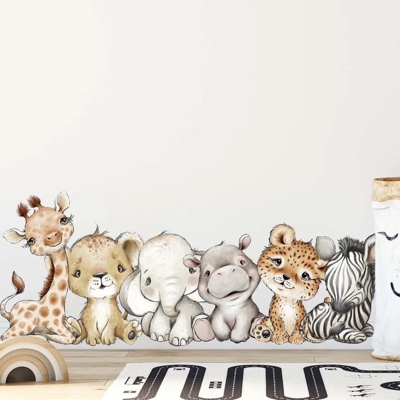 Muursticker - Baby Giraf Leeuw Olifant Nijlpaard Luipaard Zebra