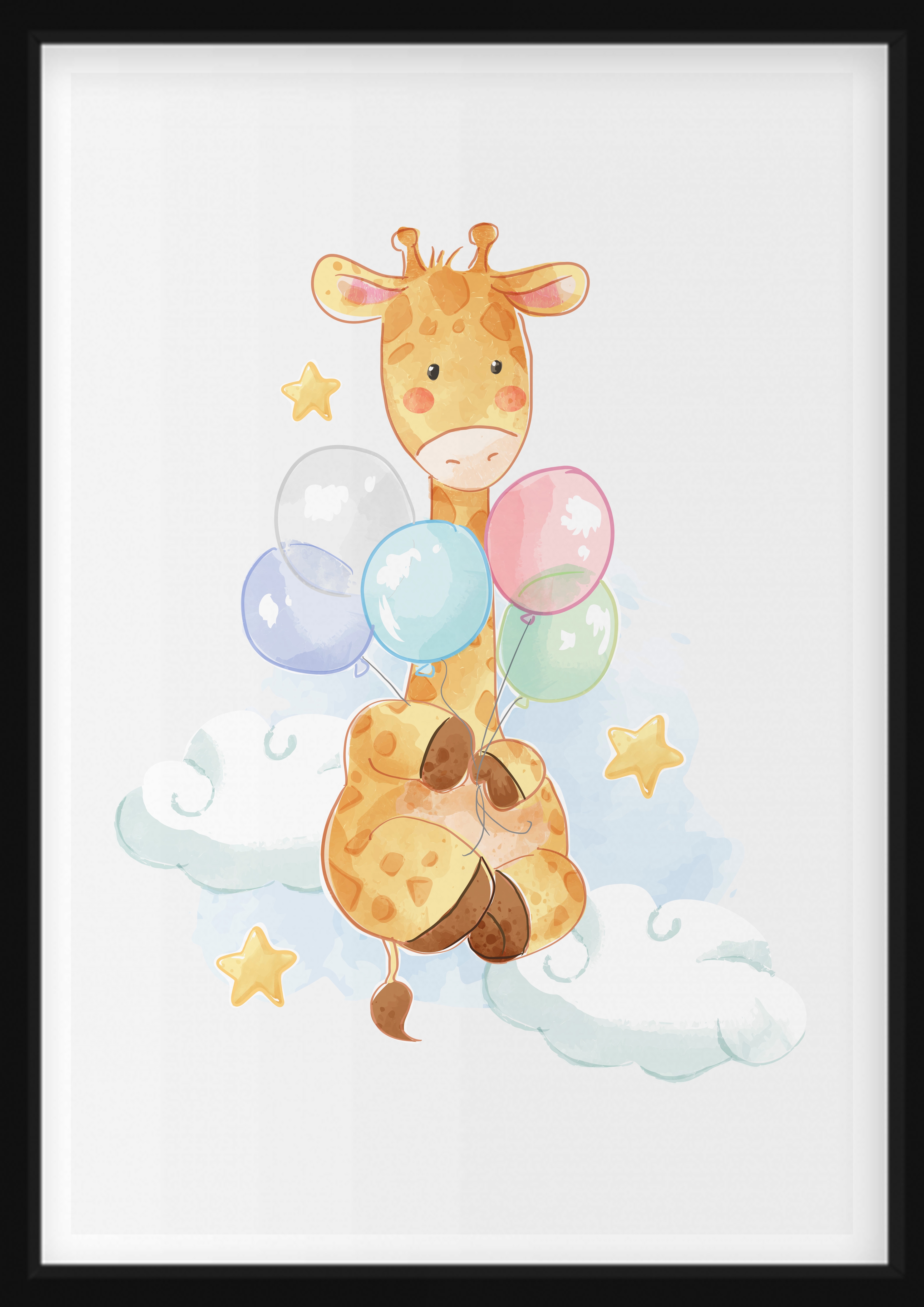 Poster - Giraf met ballonnen in de wolken