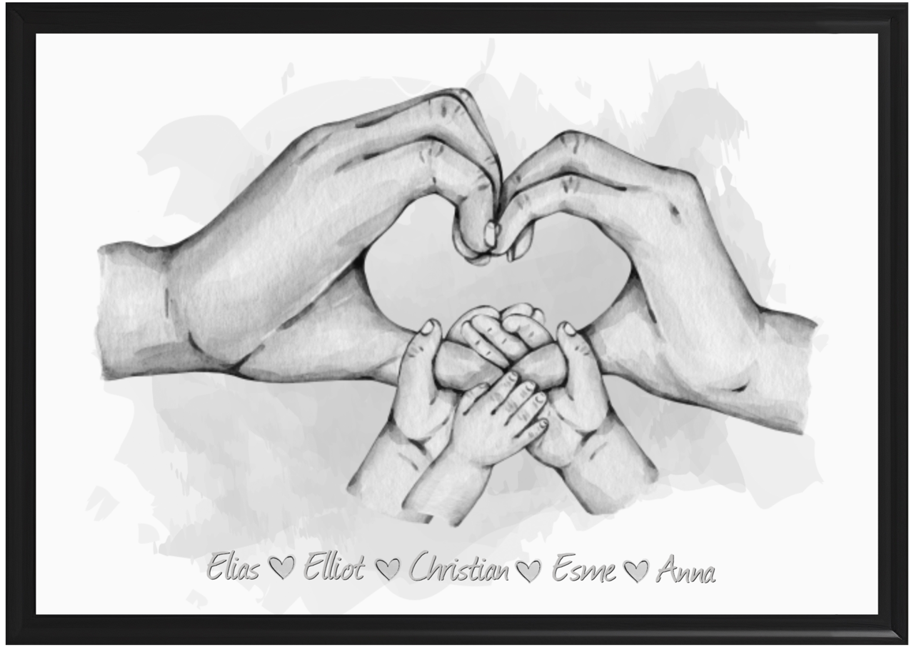 Aangepaste Poster - Hart Familiehanden / Drie kleine handen / Grijs