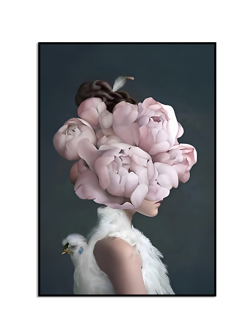 Affiche- Bloemenmeisje / Roze Bloemen en een Vogel