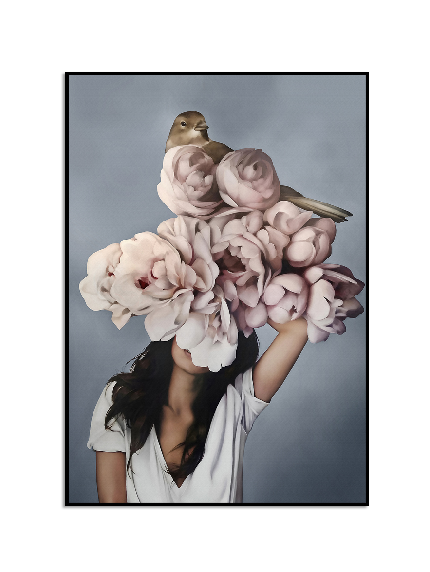 Affiche- Bloemenmeisje / Witte bloemen en een Vogel