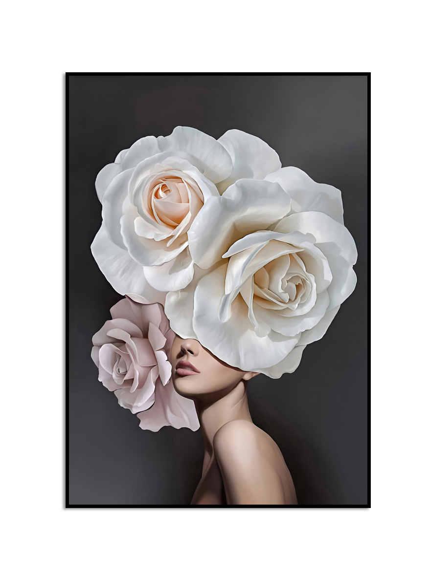 Affiche- Bloemenmeisje / Witte en Roze bloemen