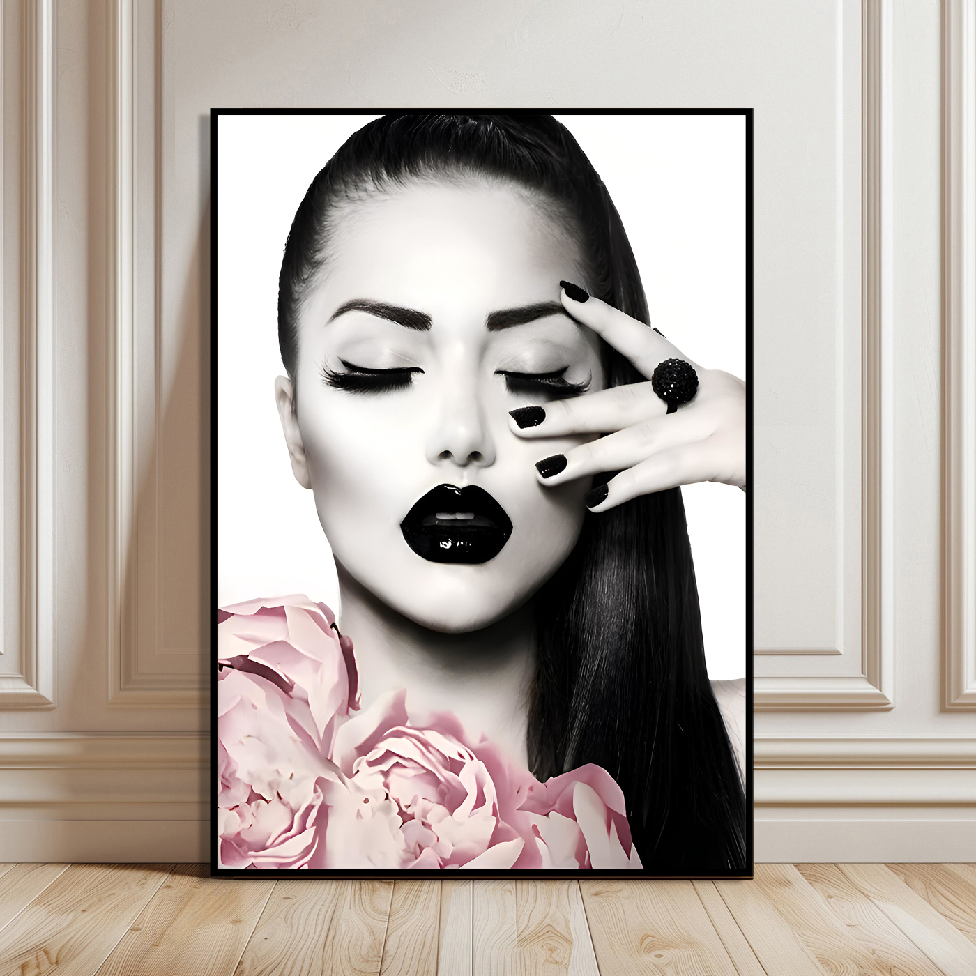 Poster - Vrouwenportret met bloemen en zwarte lippenstift