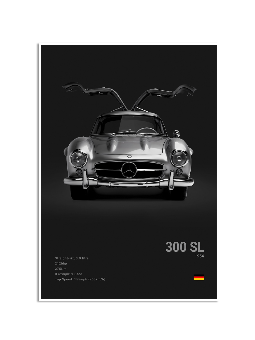 Affiche - Luxe zwart-witte sportwagen / 300 SL 1954 / Zwart