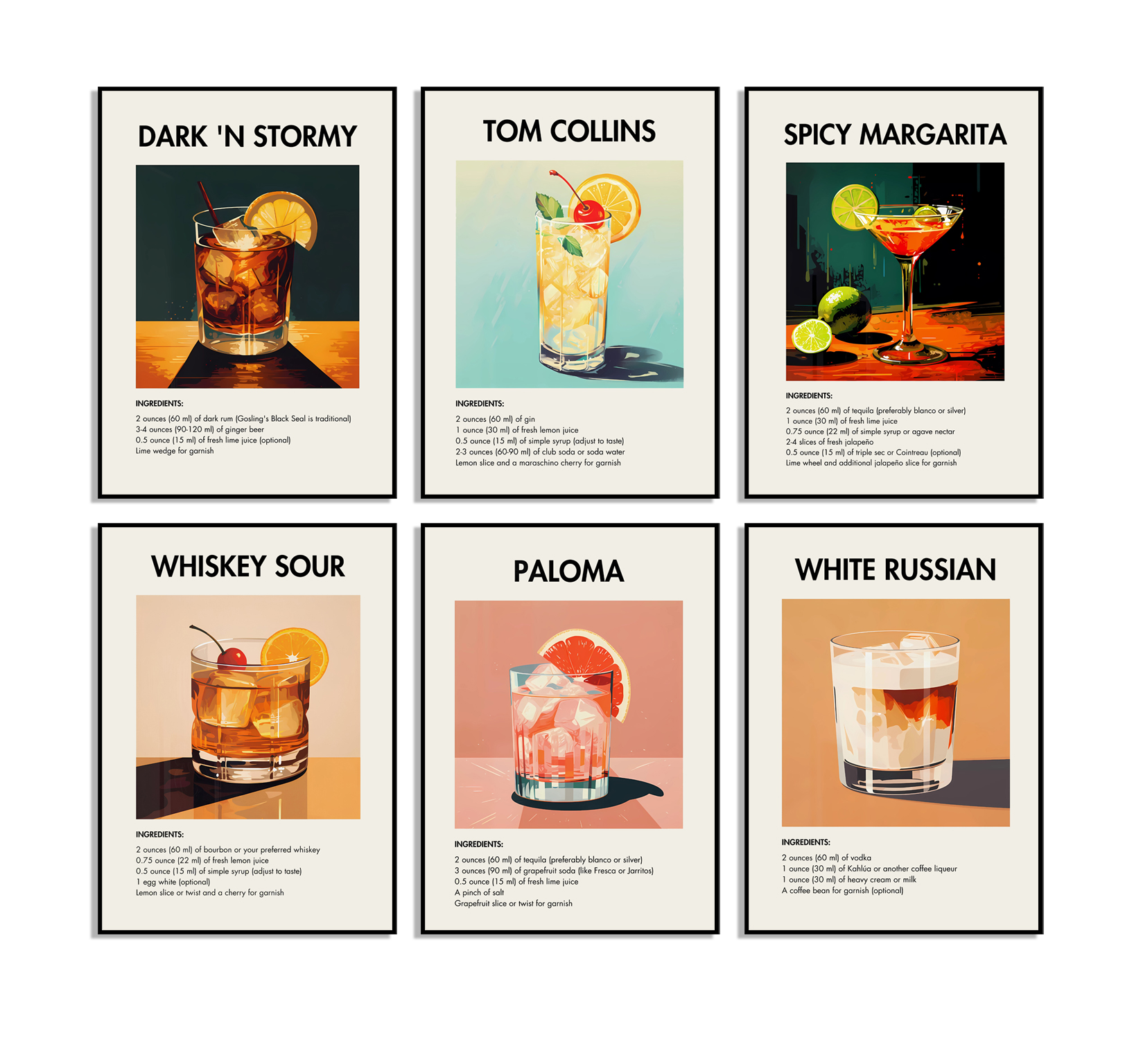 Cocktailrecept Posters - Set van 6