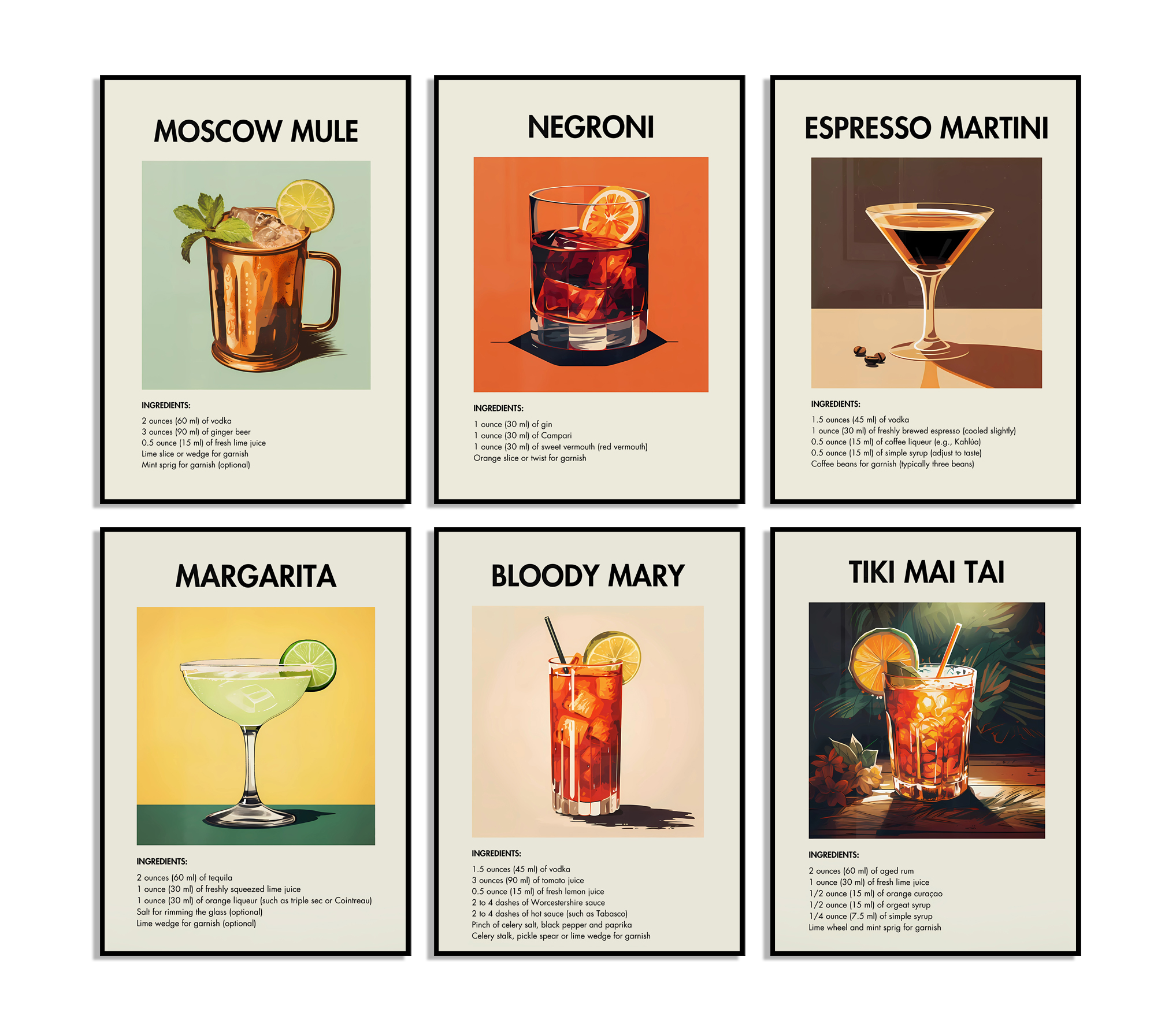 Klassieke Cocktailrecept Posters - set van 6