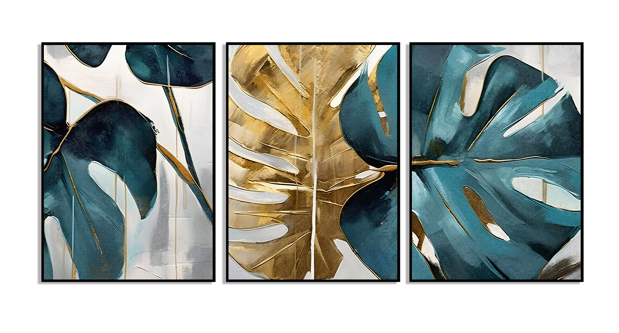 Posters - Gouden en Blauwgroen blauw Monstera-blad / Set van 3