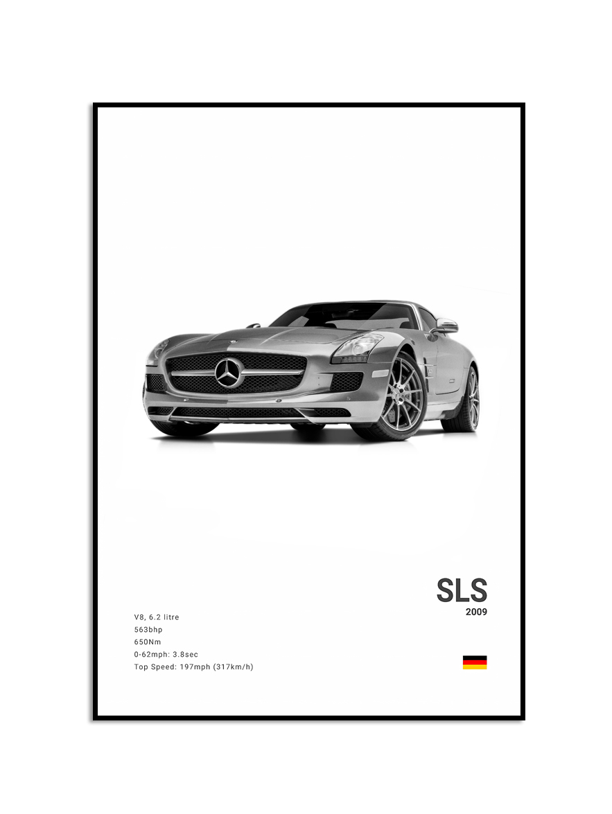 Affiche - Luxe zwart-witte sportwagen / SLS 2009 / Wit