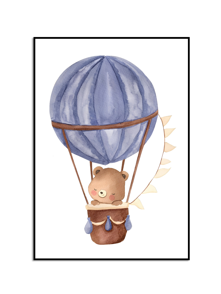 Affiche - Beer in een blauwe heteluchtballon