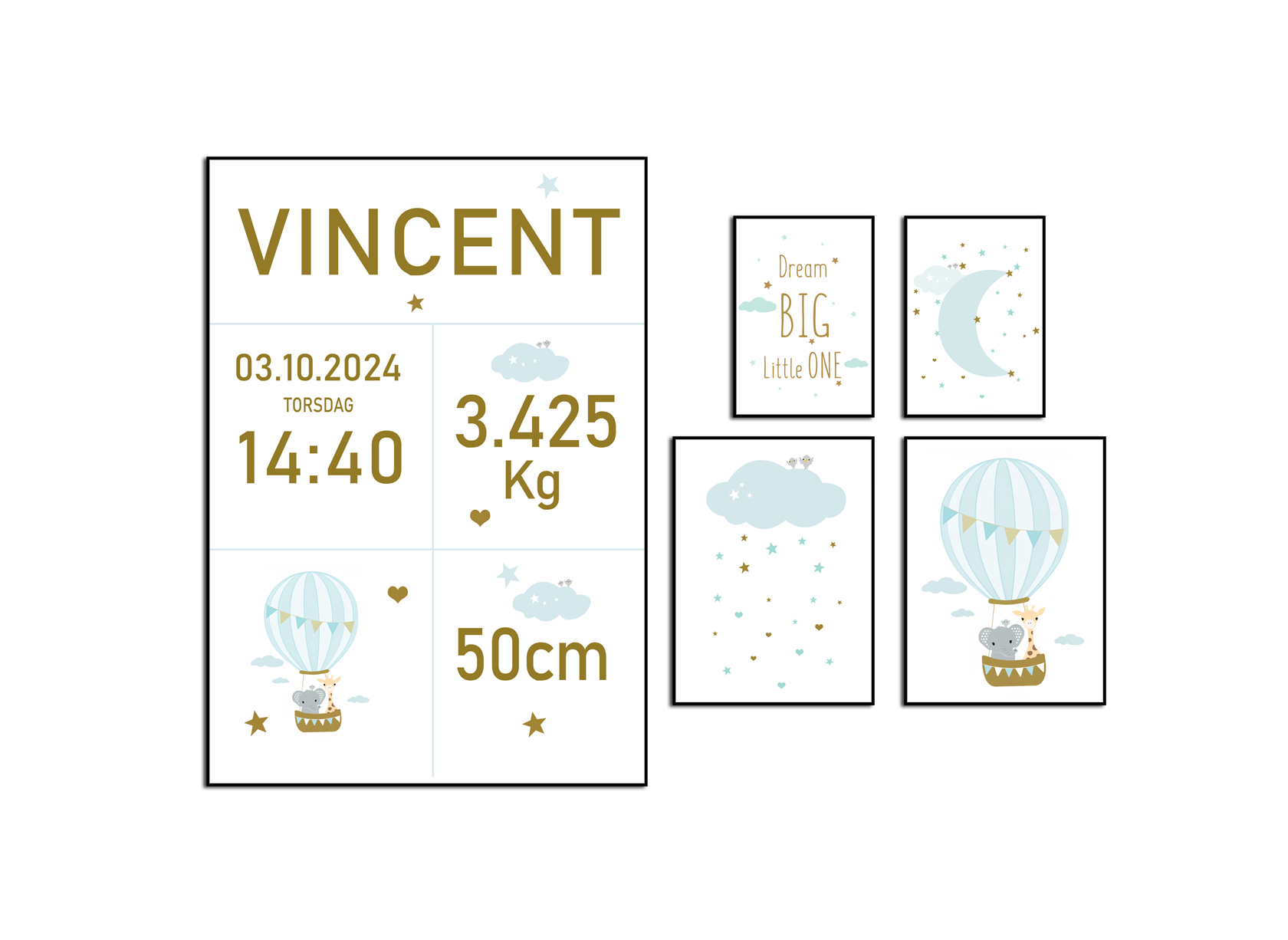 Poster -Geboorte Poster / Blauw / Gepersonaliseerd / Set van 5