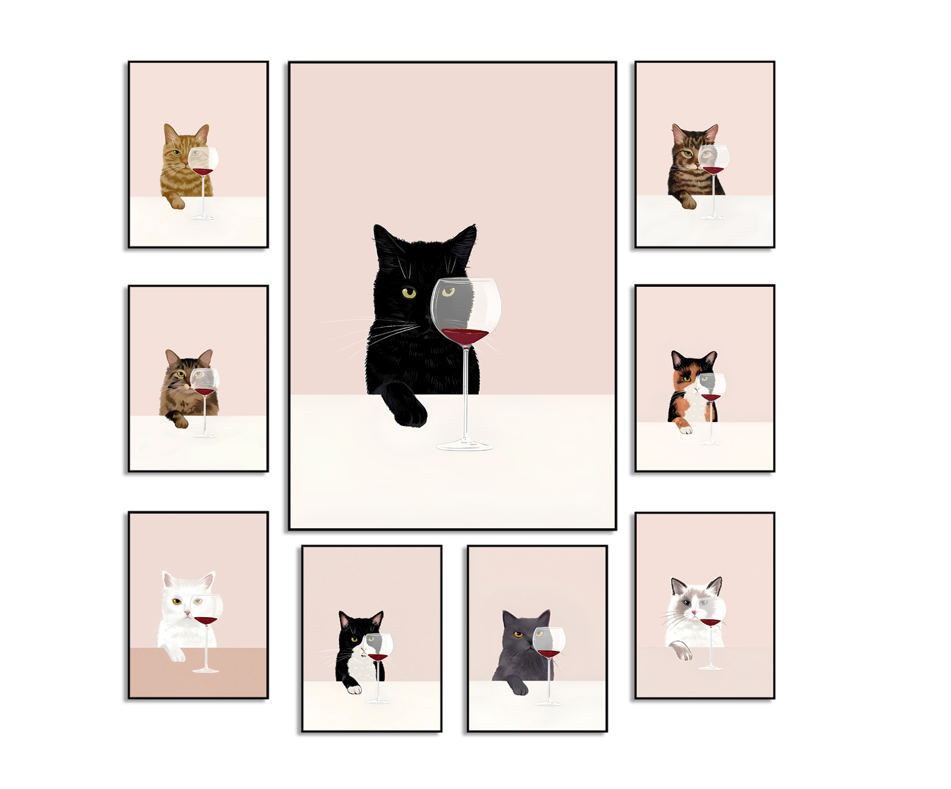 Affiches - Katten met een glas wijn / Set van 9