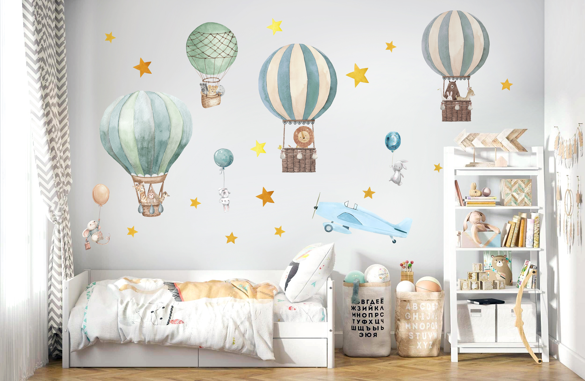 Muursticker - Schattige dieren in heteluchtballon