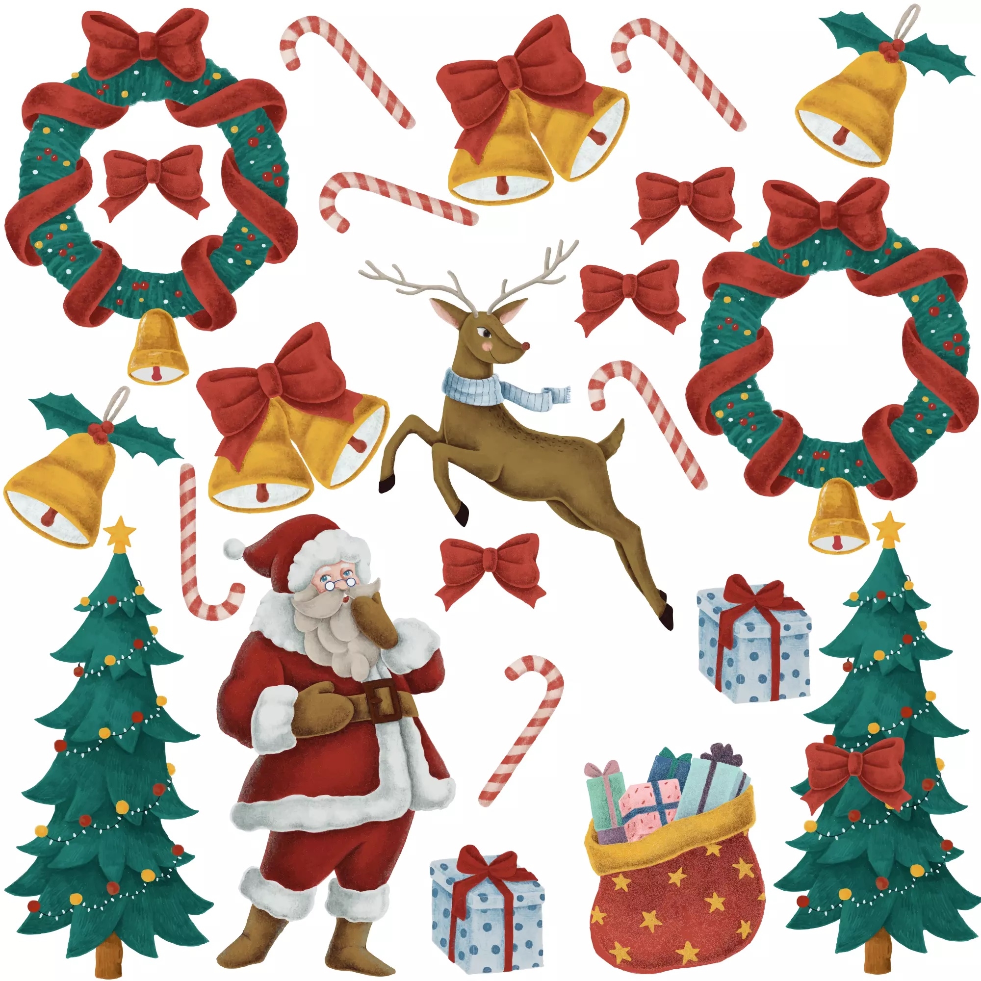 Muursticker - Kerstman, Kerstbomen, Klokken