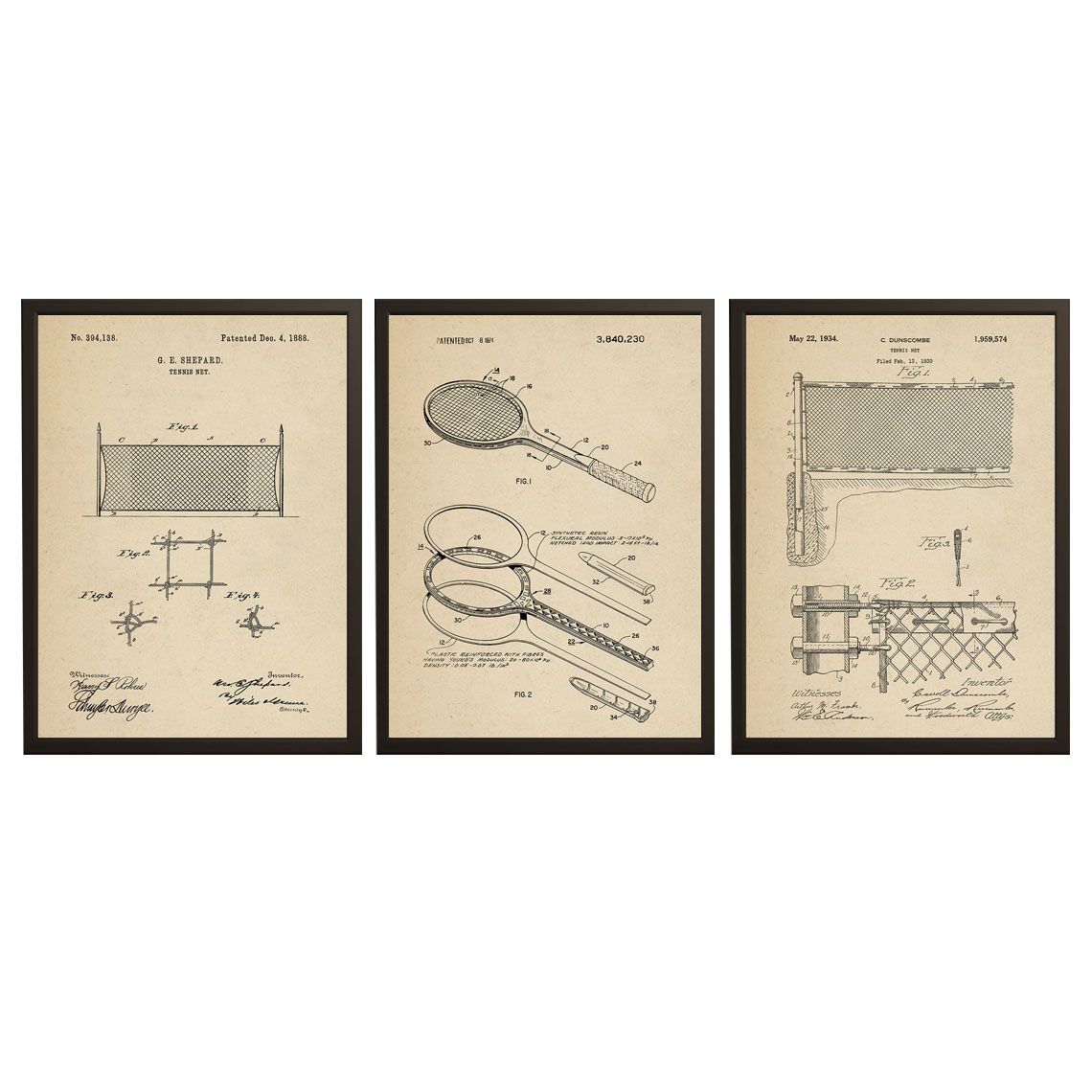 Octrooitekening Poster - Tennisscherm en Racket / Set van 3